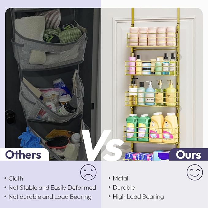 SWTYMIKI Over The Door Organizer - Door Organizer Hanging with 5 Adjustable Metal Large Capacity Basket and 6 Coat Hook, Wall Mounted Shelf for Bedroom Closet Bathroom Laundry Pantry Cabinet Kitchen