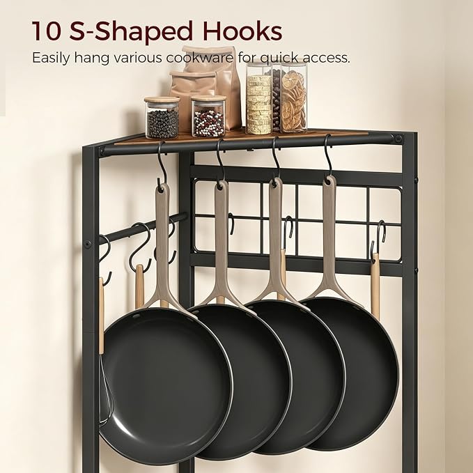 MAHANCRIS 4-Tier Pots and Pans Organizer with 10 Hooks for Kitchen Corner | Pots Rack, Cookware Stand, for Kitchen, Dining Room, Pantry, Rustic Brown