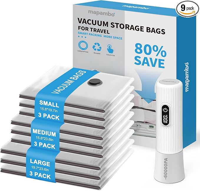 Mapambo Vacuum Seal Bags for Clothing Travel with -60000Pa LED Pump, 9 Pack Travel Cordless Vacuums Bag Set with Pump in 3 Combo Sizes. Vacuums Storage Bags for Clothes (9 Combo)