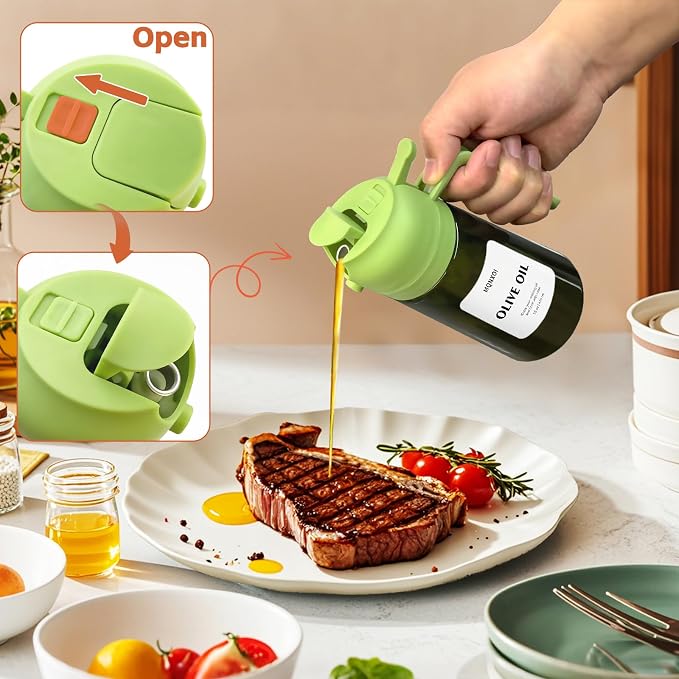 mqnxoi Oil Sprayer for Cooking, 2 in 1 Olive Oil Dispenser Bottle for Kitchen, 16oz/470ml Premium Glass, Food-grade Oil Mister for Air Fryer, Salad, Frying, BBQ (Green + Dark Green Bottle)