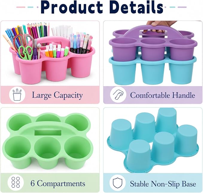 Plastic Caddy with Handle Set of 6 Classroom Caddy Organizer Cup Caddies Water Bottle Storage Crayon Caddies Plastic Cup Holder Drink Carrier for School Home Office Supplies (Rainbow)