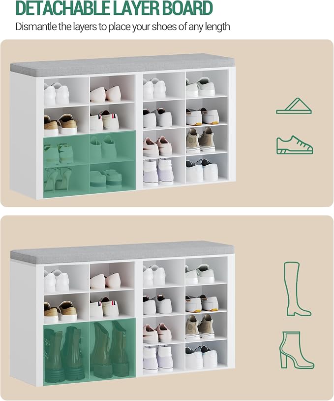 Hzuaneri Shoe Storage Bench, Entryway Shoe Rack with Cushion and Cubbies | entryway shoe rack bench cabinet with 16 cubbies and adjustable shelves for bedroom, living room, White SB25603GY