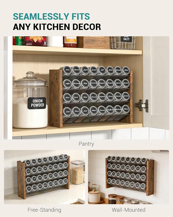 NESAPTO Spice Rack Organizer with 32 Glass Spice Jars, Wood 4-Tier Seasoning Organizer with Labels for Cabinet, Pantry, Countertop or Wall Mount, Chalk Marker and Funnel Set, 15.7" W × 9.4" H
