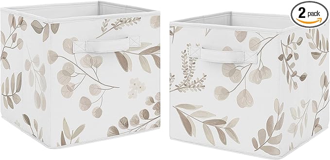 Sweet Jojo Designs Floral Leaf Foldable Fabric Storage Cube Bins Boxes Organizer Toys Kid Baby Children - Set of 2 - Ivory Cream Beige Taupe Gender Neutral Boho Watercolor Botanical Flower Woodland