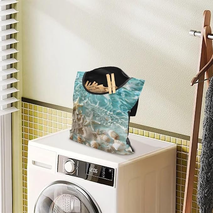Starfish Clothespin Organizer Bag Shell Beach Clothespin Bags with Hanging Hook Waterproof Clothes Pin Storage Organizer with Large Opening Clothespin Bag for Clothesline Outdoor