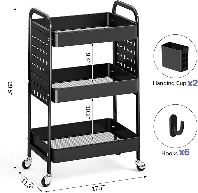 KINGRACK 3 Tier Rolling Cart with DIY Pegboard, Metal Utility Cart with Wheels, Hooks & Baskets, Sturdy Storage Organizer for Craft, Bathroom, Kitchen, Office, Nursery, Classroom