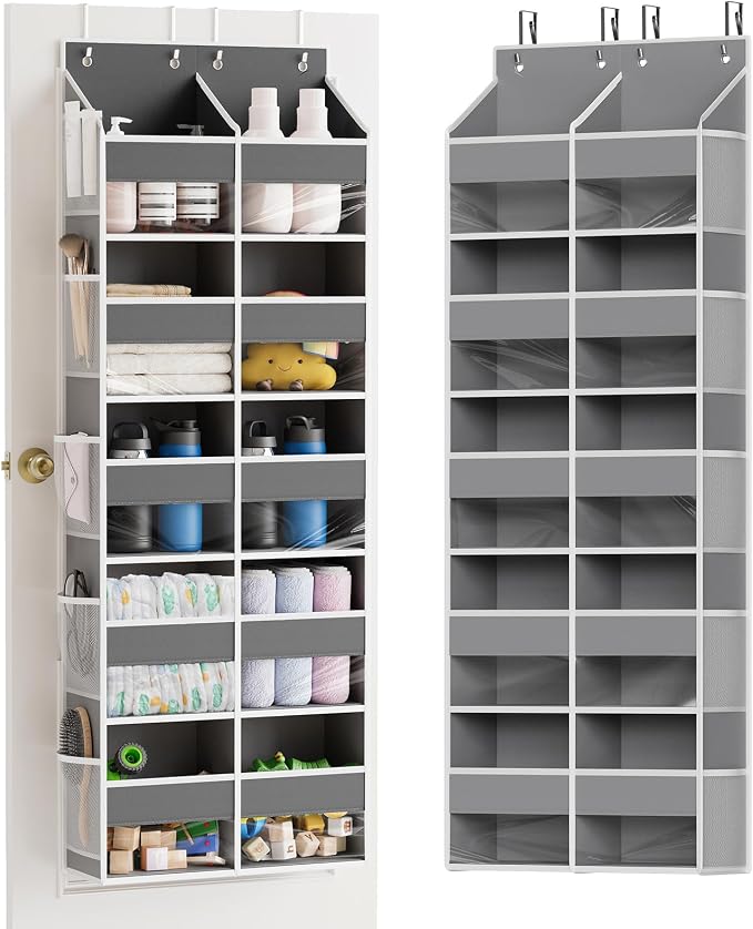 SpaceAid Extra Large Over The Door Organizer with 10 Large Pockets and 10 Mesh Side Pockets, 5 Layers Door Organizer Hanging with Clear Window for Bedroom, Bathroom, Pantry and Nursery, Gray