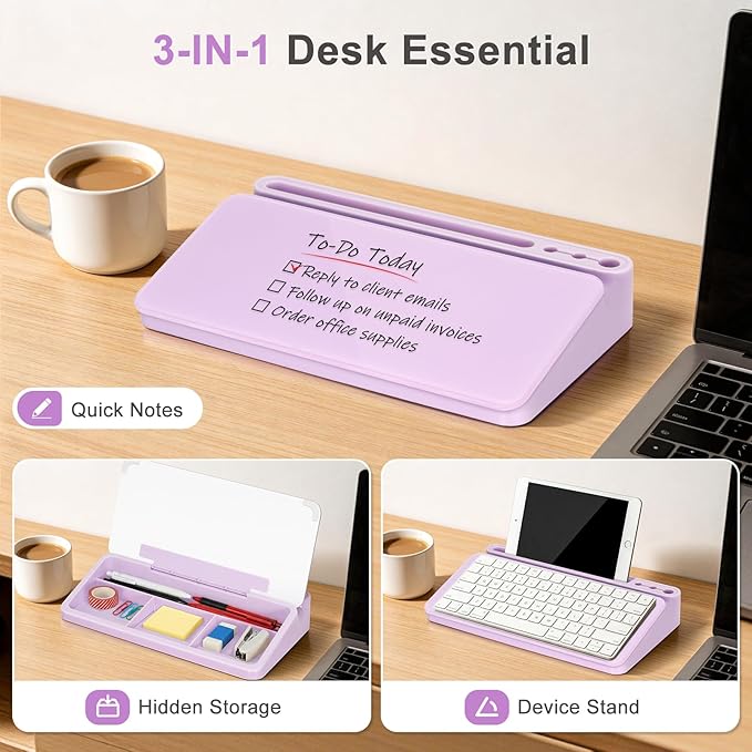 Small Desktop Glass Whiteboard with Storage, Desk White Board Stand Purple | Computer Keyboard Stand, Office Desk Organizers and Accessories with Drawer, To Do Memo Notepad, Home School Supplies