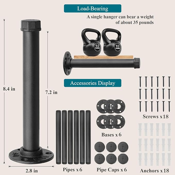Cast Iron Wall Mounted Clothes Rack, Heavy Duty Industrial Pipe Clothing Rack for Hanging Clothes, Garment Racks for Wardrobe Organizers and Storage, DIY Closet Rods Closet Bar (Black 6 Pack, 8 in)