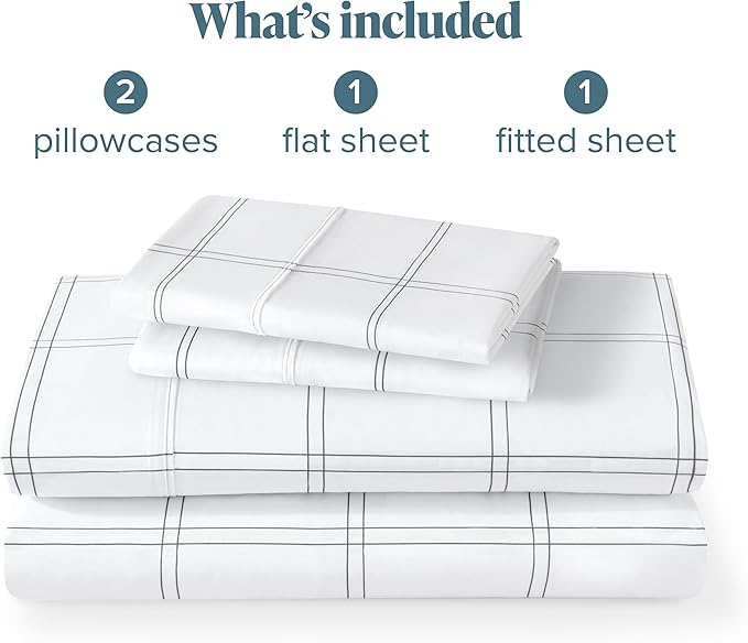 Bare Home Full Sheet Set - Luxury 1800 Ultra- Soft Double Brushed Microfiber - Deep Pockets - Easy Fit - 4 Piece Bedding Sheet Set (Full, Modern Plaid - White/Grey)