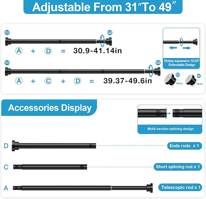 Tension Curtain Rod 31 to 50 Inch Spring Tension Rods for Windows Adjustable Curtain Rod No Drilling Expandable Pressure Curtain Rod Shower Rods for Closets,Bathroom,Kitchen,Doorway