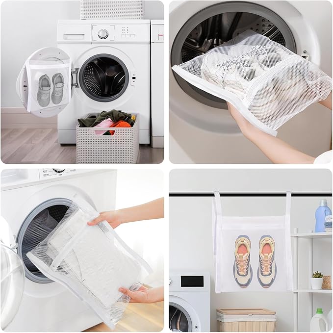 Shoe Washing Machine Bag, Shoe Laundry Bag for Washer and Dryer, Include Dry Net Bag, Reusable and Durable Zipper with Hook Design, Shoe Washing Bag for Sneaker (White, 1 Pack)