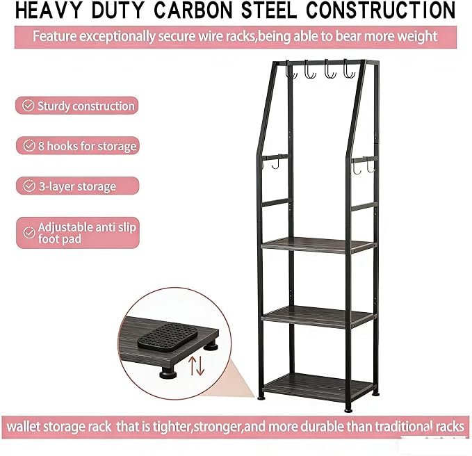 Hall Tree with Hanging Hooks,Heavy-Duty Metal Coat Rack with Shoe Shelves,3-Tier Purse Stand Handbag Organizer，Suitable for Hallway,Bedroom and Bathroom (Black)