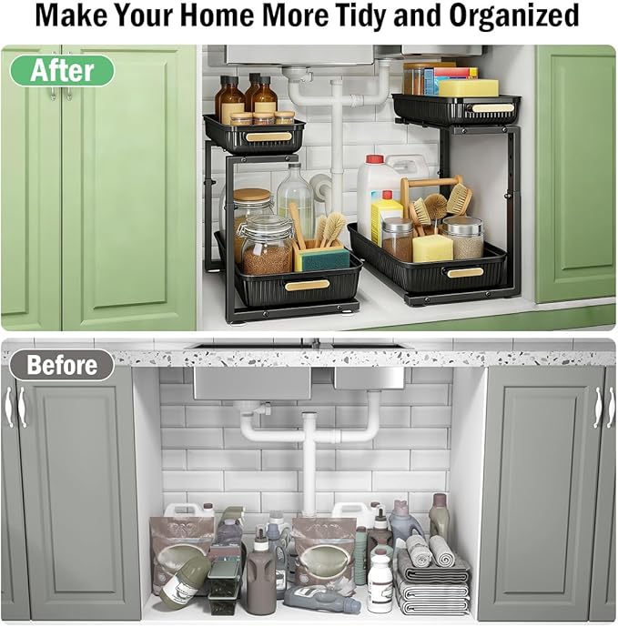 ARSTPEOE Under Sink Organizer - 2 Packs Multi-Purpose Pull-Out Storage Organizers, Slide out Pull out Cabinet Organizer Shelf, Storage for Kitchen Bathroom, Black