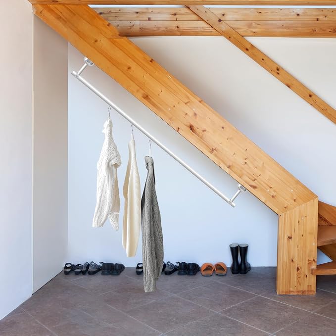 Wonderjune Closet Rail Hanging Closet Rod, 41" Any Angle Clothes Hanging Rail Under Stairs Storage Sloped Ceiling Mount Clothes Rod for Under Stairs Attic Bedroom Wall Mount(White)