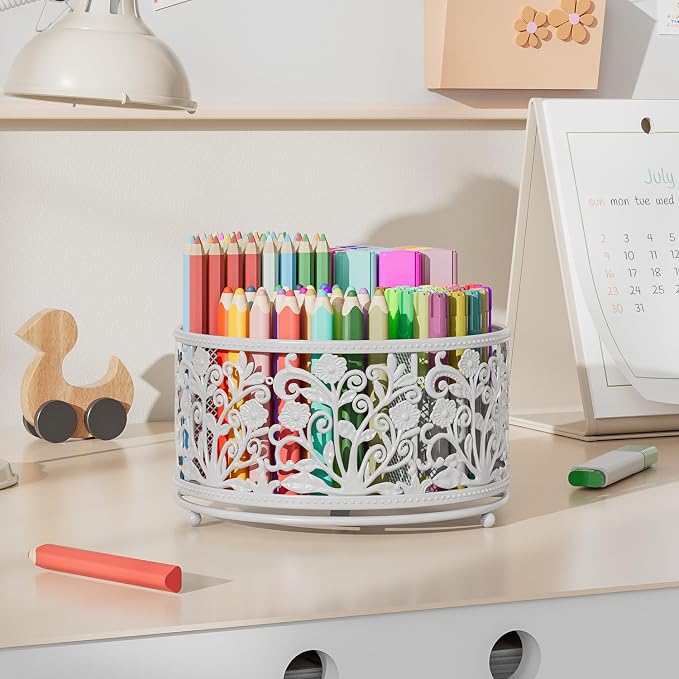 EKNITEY Rotating Mesh Desk Organizer - 4 Slots Cute Pen Pencil Holder Caddy for Office Art Supplies Home School Classroom White