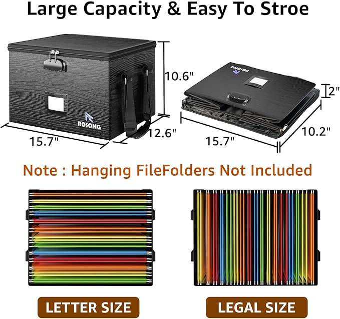 ROSONG Fireproof Document Box File Organizer - Portable Locking Filing Storage Box with Handle Waterproof for Hanging Letter/Legal Folder Important Document