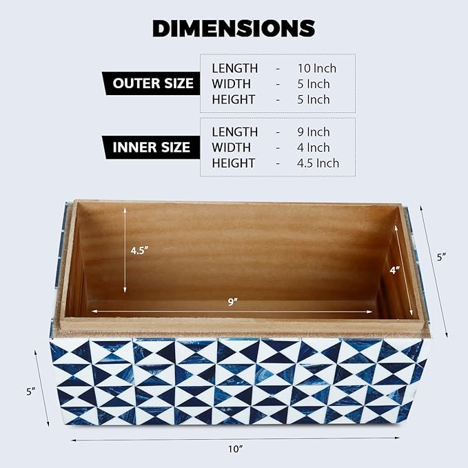 Handicrafts Home Blue and White Decorative Storage Box with Lid– Large Decorative Storage Box, Handmade Resin Inlay Wooden Box, Memory Keepsake Box, Jewelry Organizer, Coffee Table Decor Box-10x5x5