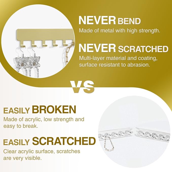 Bussdis Necklace Holder Hanging Jewelry Organizer: Self-Adhesive Wall Organizer for Necklaces, 2 Pack, Gold