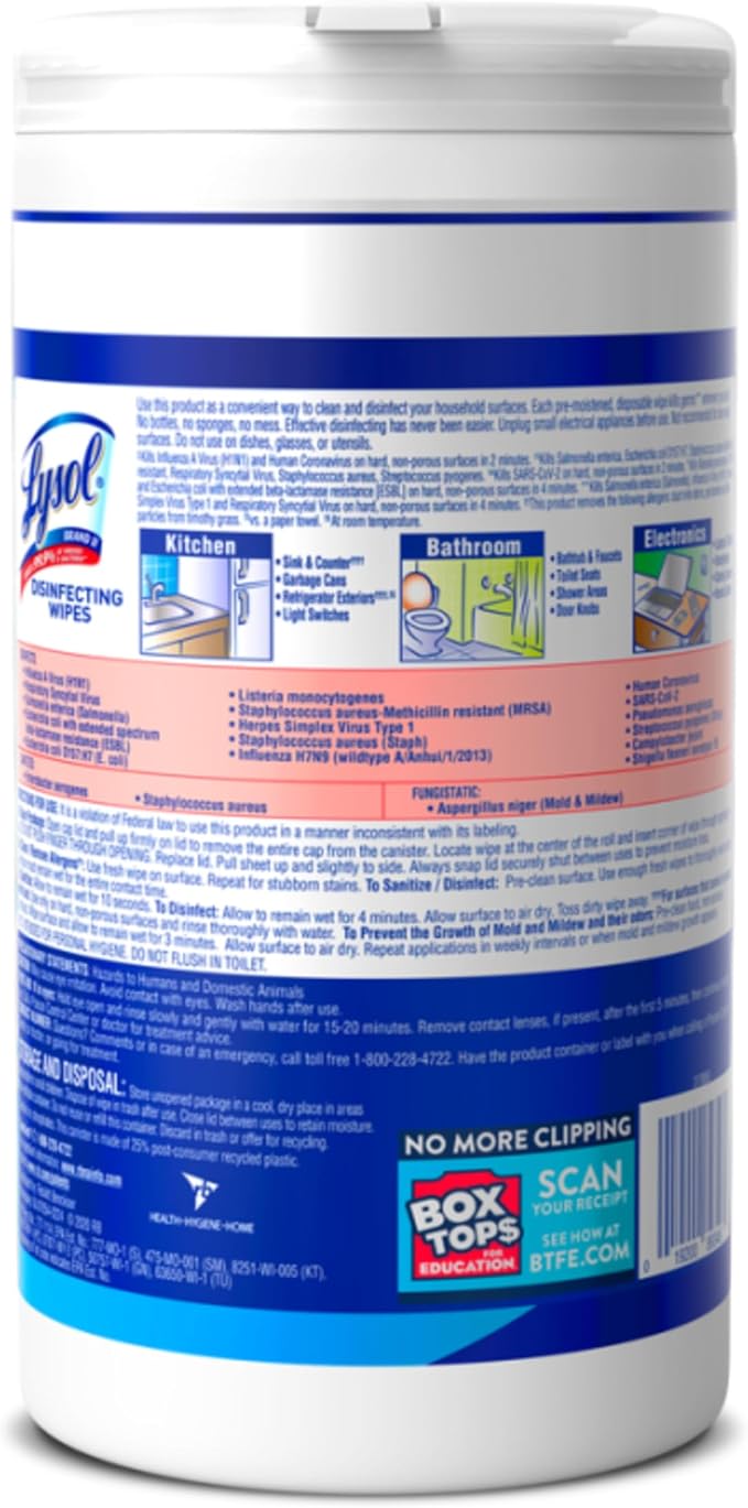 Lysol Disinfecting Wipes, Multi-Surface Cleaner, Crisp Linen, 80 ct. | All Purpose Cleaner, Sanitizing, Deodorizing, Apartment Essentials, Back To School Cleaning Supplies, Kitchen & Bathroom Wipe