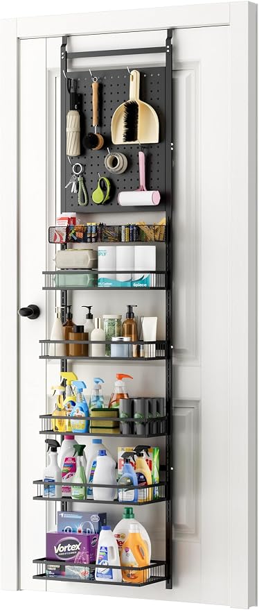 mustry Over The Door Organizer, Door Organizer Hanging with 2 PegBoards and 6 Adjustable Baskets, Back of Door Storage for Pantry, Bathroom, Laundry Room, Metal