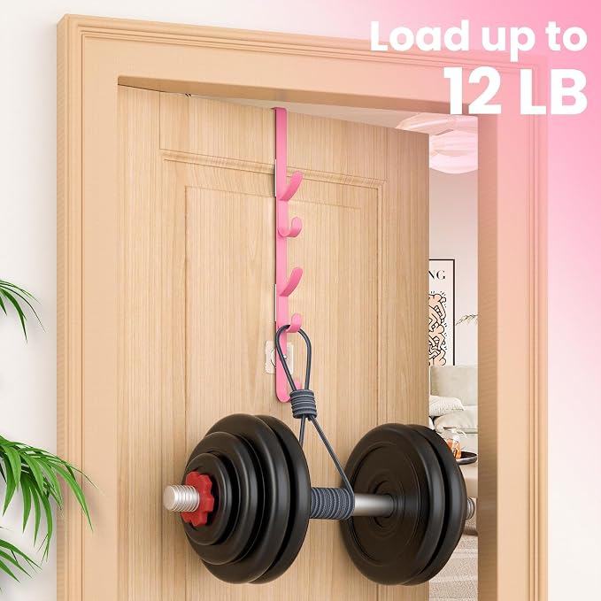 Kaiferty Over the Door Hooks, Metal Door Hooks for Hanging, Over the Door Purse Organizer for Coat Hanger, Back of Shower Door for Hanging Towel Rack Clothes, Hat, Bathroom, Closet (Pink-4Packs)