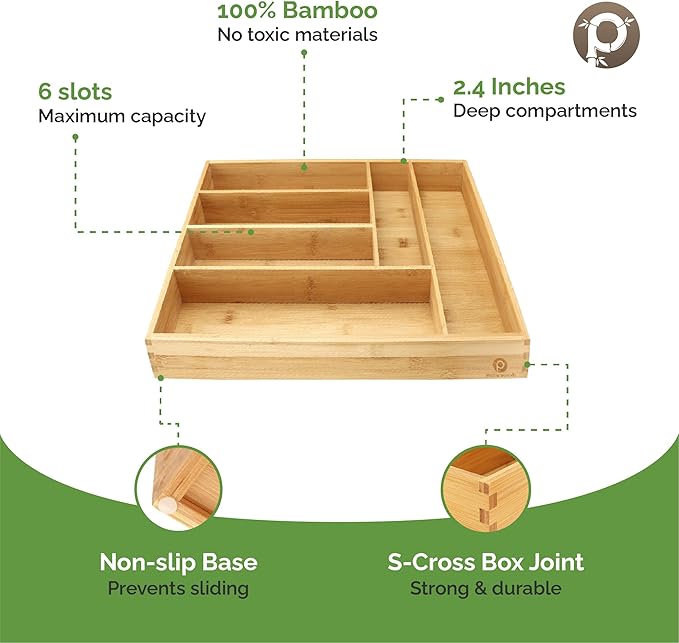 Pristine Bamboo Silverware Organizer, 6-Slot, Small Deep Brown | Small Extra-Deep Wooden Kitchen Drawer Organizer, 6 Slots for Spoons, Forks, Knives – Bamboo Utensil Divider