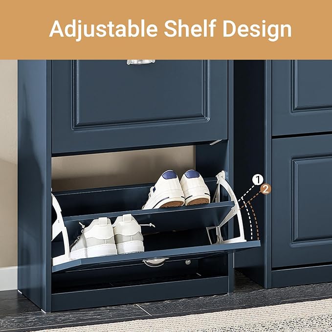 Haotian Slim Shoe Cabinet | Shoe Storage Cupboard Organizer Unit for Entryway 2 Flip-Drawers, Hallway and Bedroom Navy FSR78-B