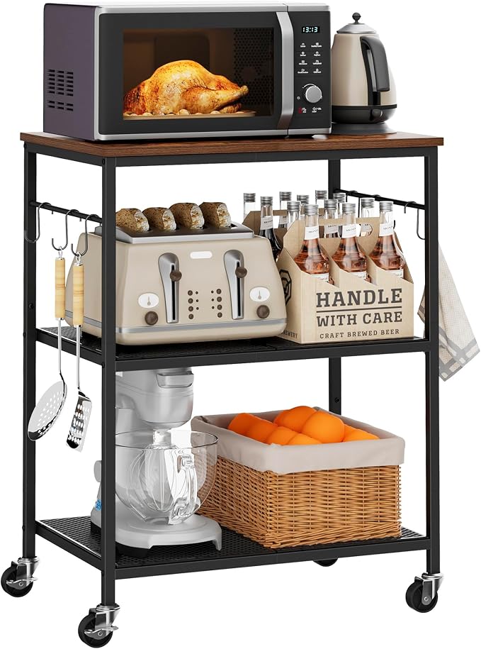 Homleke 3-Tier Rolling Kitchen Microwave Cart, Utility Cart | Coffee Bar Table Station with 6 Hooks, Small Appliance Storage Shelf, Rustic Brown and Black
