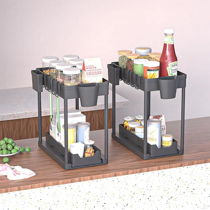 2 Pack Under Sink Organizer, 2 Tier Cabinet Organizer for Bathroom & Kitchen with Sliding Basket, Multi-Purpose Under Sink Organizers and Storage, Black
