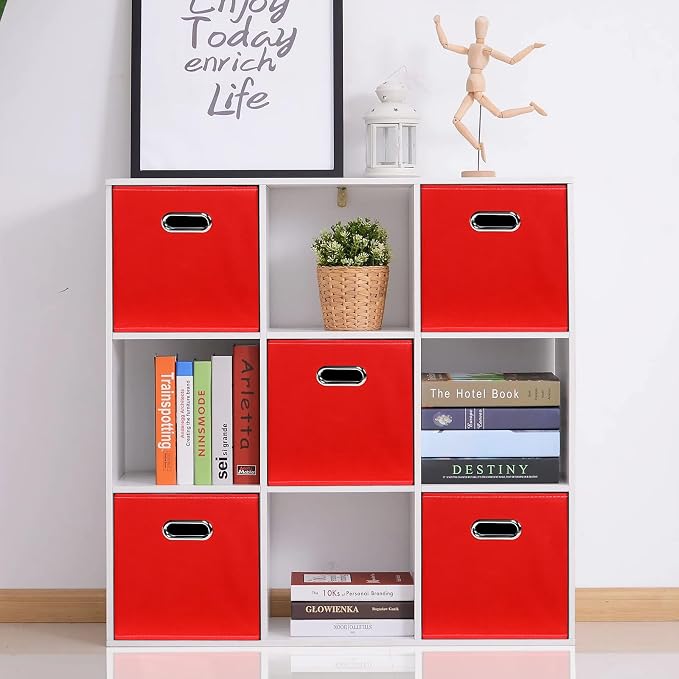 Fabric storage bins Cubes, Fabric Cube Organizer with Handle, Foldable Cube Bins for Cloth or Accessary Storage, 11x11x11, Set of 3, (Red)