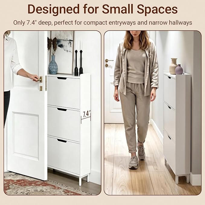 Haotian Slim Shoe Cabinet Entryway | Hidden Shoe Storage with Three Flip Drawers to Save Space, Freestanding Shoe Rack for Front Door, Entryway, Hallway (White)