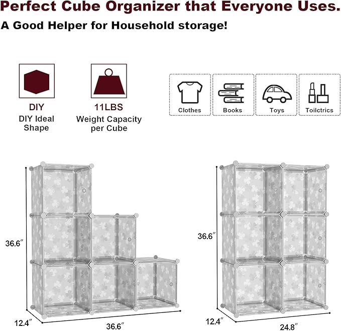 C&AHOME Cube Storage Organizer with Doors, 6-Cube Shelves, DIY Plastic Modular Bookshelf, Closet Clothes Storage Shelving Ideal for Bedroom, Living Room, Clover Embossed, Transparent