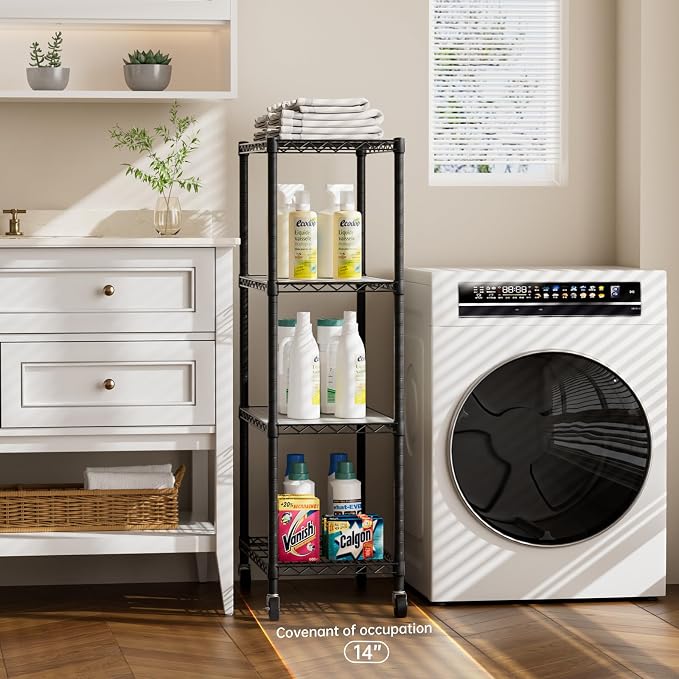 Golpart Shelves Storage Shelf Wire Closet Bathroom Organizers Metal Pantry | 4 tier Kitchen Garage Shelving Unit Laundry Room Organization Home Rack Net Basket Black with Wheels 14”D X 24”W X 48.9”H
