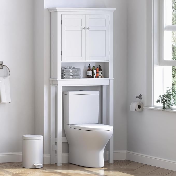 Spirich Over The Toilet Storage Cabinet, White Bathroom Organizer | Shaker Doors, Open & Hidden Storage, Adjustable Interior Shelf, FSC-Certified MDF, Anti-Tip Fitting, Adjustable Crossbar