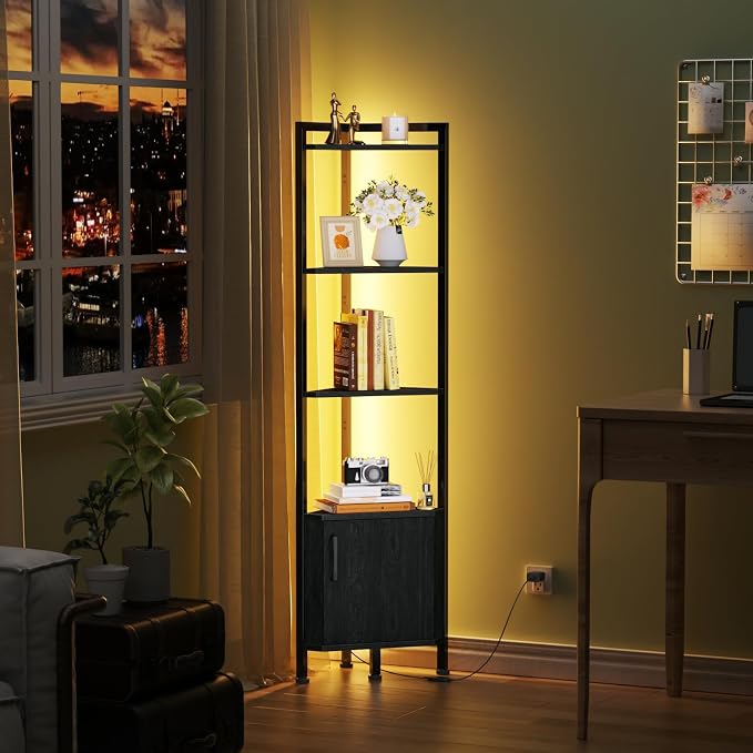 Furnulem Corner Shelf,5-Tier Corner Cabinet with Storage and LED Light, 62.8” Standing Display Bookshelf for Bedroom, Living Room, Kitchen, Wood Display Shelf (Black Oak) | 62.8”Tall Corner Bookshelf with Storage Rack for Bedroom,Living Room,Kitchen,Me...