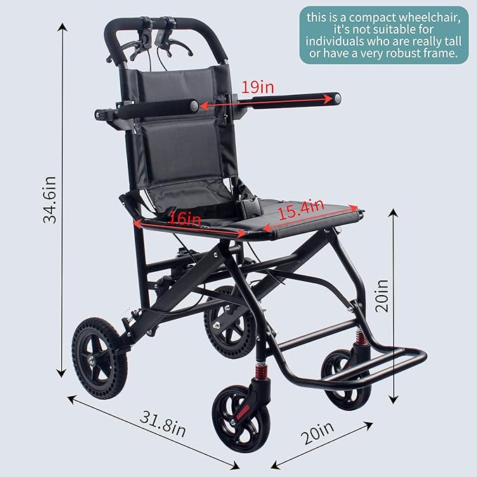Compact Ultra-Lightweight Portable Transport Wheelchair Foldable Travel Wheelchairs with Handbrake for Adults and Seniors（Black）