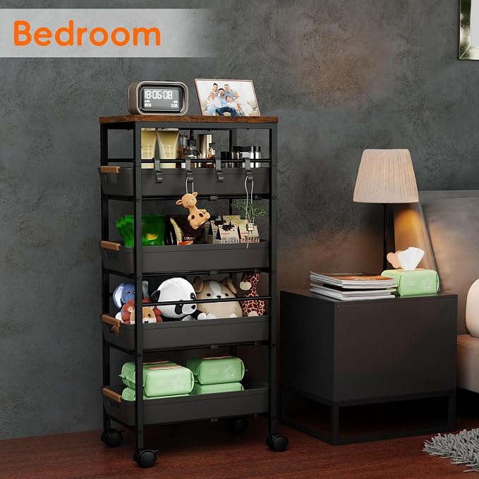 5-Tier Kitchen Storage Cart, Wood Top Rolling Cart Organizer with Pull-Out Baskets & Wheels, Metal Snack Cart with Holder for Fruit, Vegetable, Microwave, Kitchen, Pantry, Black