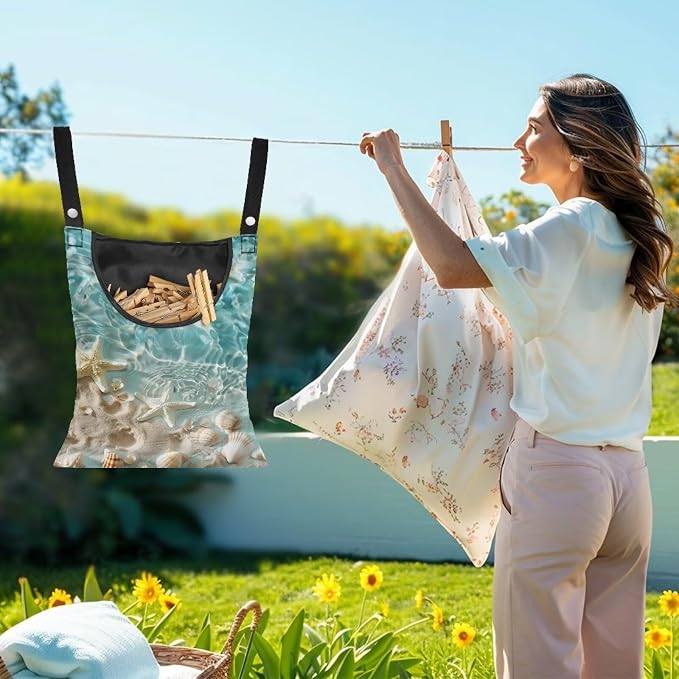 Starfish Clothespin Organizer Bag Shell Beach Clothespin Bags with Hanging Hook Waterproof Clothes Pin Storage Organizer with Large Opening Clothespin Bag for Clothesline Outdoor