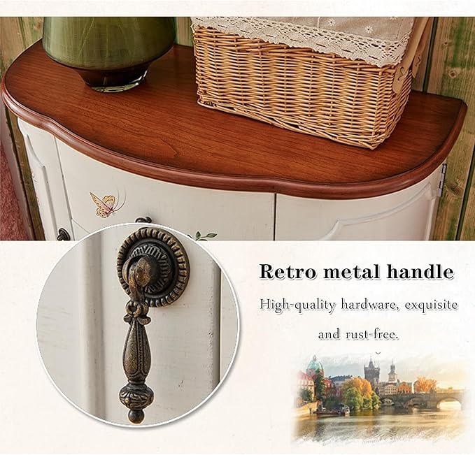 Solid Wood Storage Chest Dresser - Storage Cabinet with 3 Drawers 2 Side Doors,Retro Floral Pattern Drawers Jewelry Box Storage for Hallway/Living Room/Bedroom