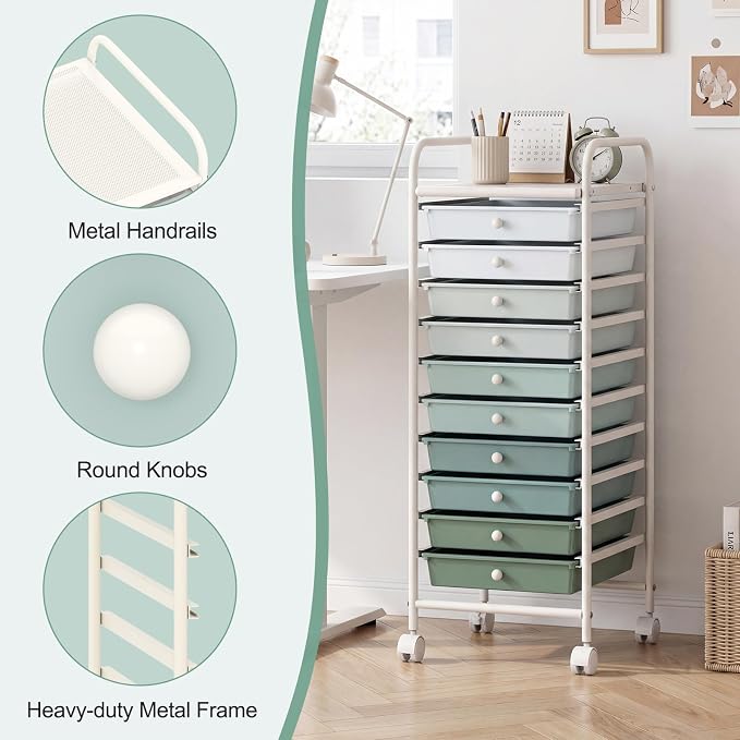 GOFLAME 10-Drawer Rolling Storage Drawer Cart, Utility Cart with Removable Drawers & Metal Frame, Mobile Art Craft Drawer Cart with Lockable Wheels for Home, Office, Studio, School, Green Gradient