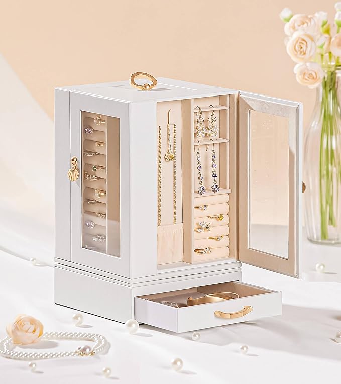 Enthralite Luxury Jewelry Box for Women: 360° Rotating with Clear Window | Compact Jewelry Storage with Drawer - Necklace Ring Organizer with Compartments - Elegant Earring Holder Display Great Gift