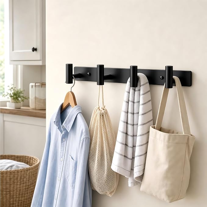 Wall Mounted Coat Rack-4 Hooks, Heavy Duty Stainless Steel Wall Hooks for Towel Coat Bag, Hat Rack Coat Hanger Coat Hooks Towel Racks for Bathroom Entryway Kitchen Hotel Office (Black, 1 Pack)