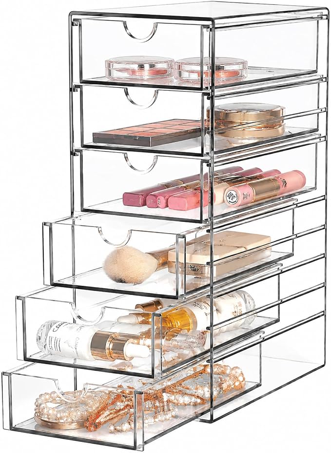 Clear Drawer Organizer, Transparent Plastic Storage Drawers, Hair Accessaries Organizer Case Display Stand, Acrylic Organizers for Organizing Eyeglass, Hair Ties, Accessories (Large - 6-Drawer)