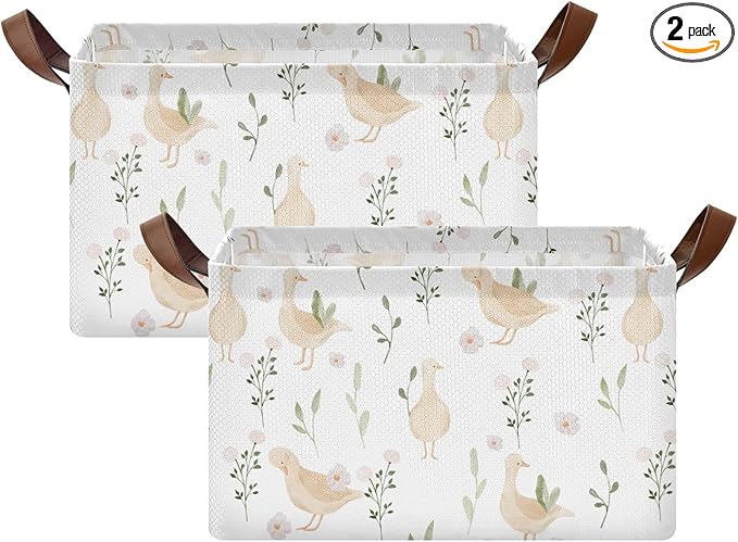 Cute Goose with Floral and Leaves Storage Basket Foldable Cube Storage Bins with Handles&Label Collapsible Organizer Box Bin Large Rectangle Decorative Baskets for Shelves Home Living Room Closet-2 PC