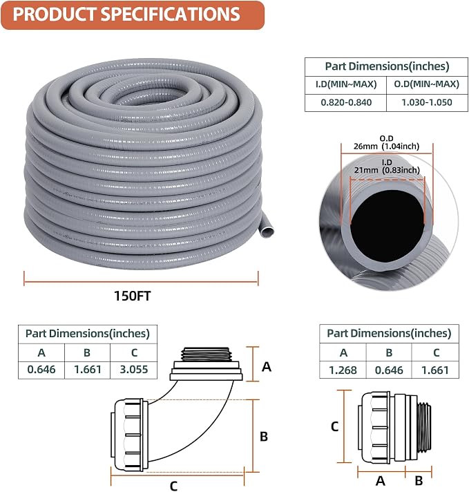 Liquid-Tight Conduit 3/4 150ft w/UL Certification | Flexible Electrical Conduit with 5 Straight and 5 90-Degree Conduit Connector Fittings Gray