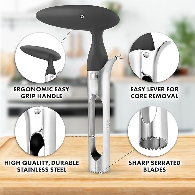 Zulay Kitchen Ultra Sharp Apple Corer Tool - Stainless Steel, Sharp & Serrated Blade Cores in Seconds - Easy to Use & Clean, Durable Apple Core Remover for Apples & Small Fruits - Gray