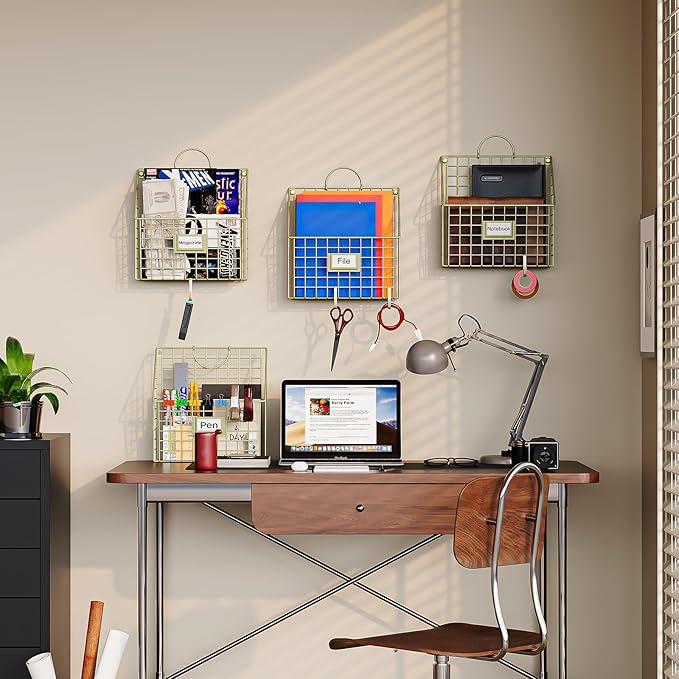 Yuzehuaza Wall File Organizer Mesh Hanging Wall Files Holder,Magazine Rack and Mail Basket with Hooks, Office Wall Organizer for Papers Folders Files Clipboard 4 Packs, Gold(Patent Pending)