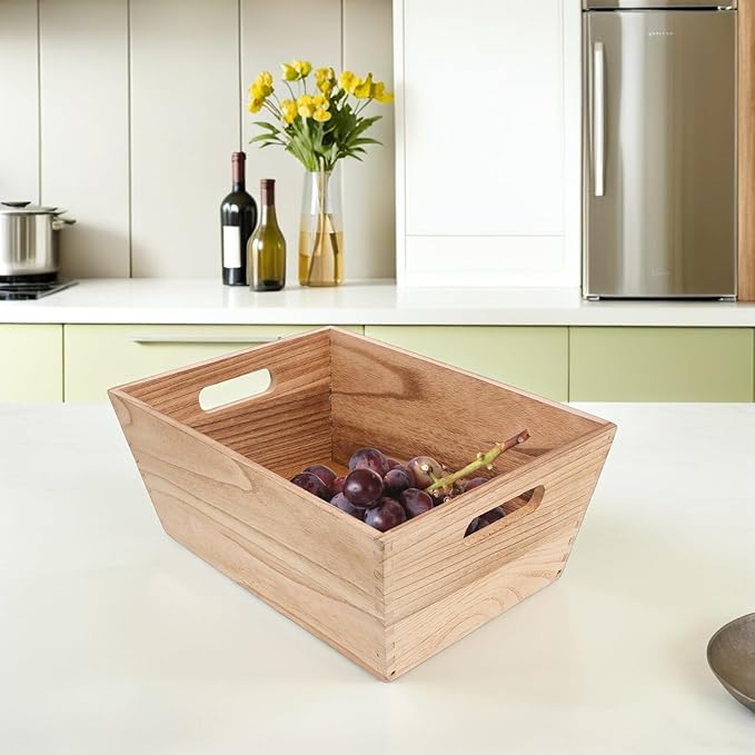 INOOMP Wooden Crates Fruit Vegetable Basket for Kitchen Countertop Rustic Wood Craft Crate with Handles Display Storage Bin for Pantry and Home Organization
