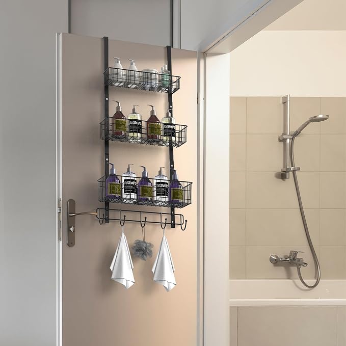 YBING Over The Door Organizer with Hooks 3 Tier Back Towel Hanger Baskets Metal Behind Hanging Storage Shelf Pantry Racks for Bedroom Bathroom Black, R01-R984